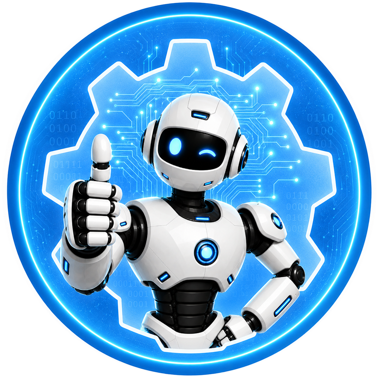 Robot bianco e blu di Elisiobooking con il pollice alzato